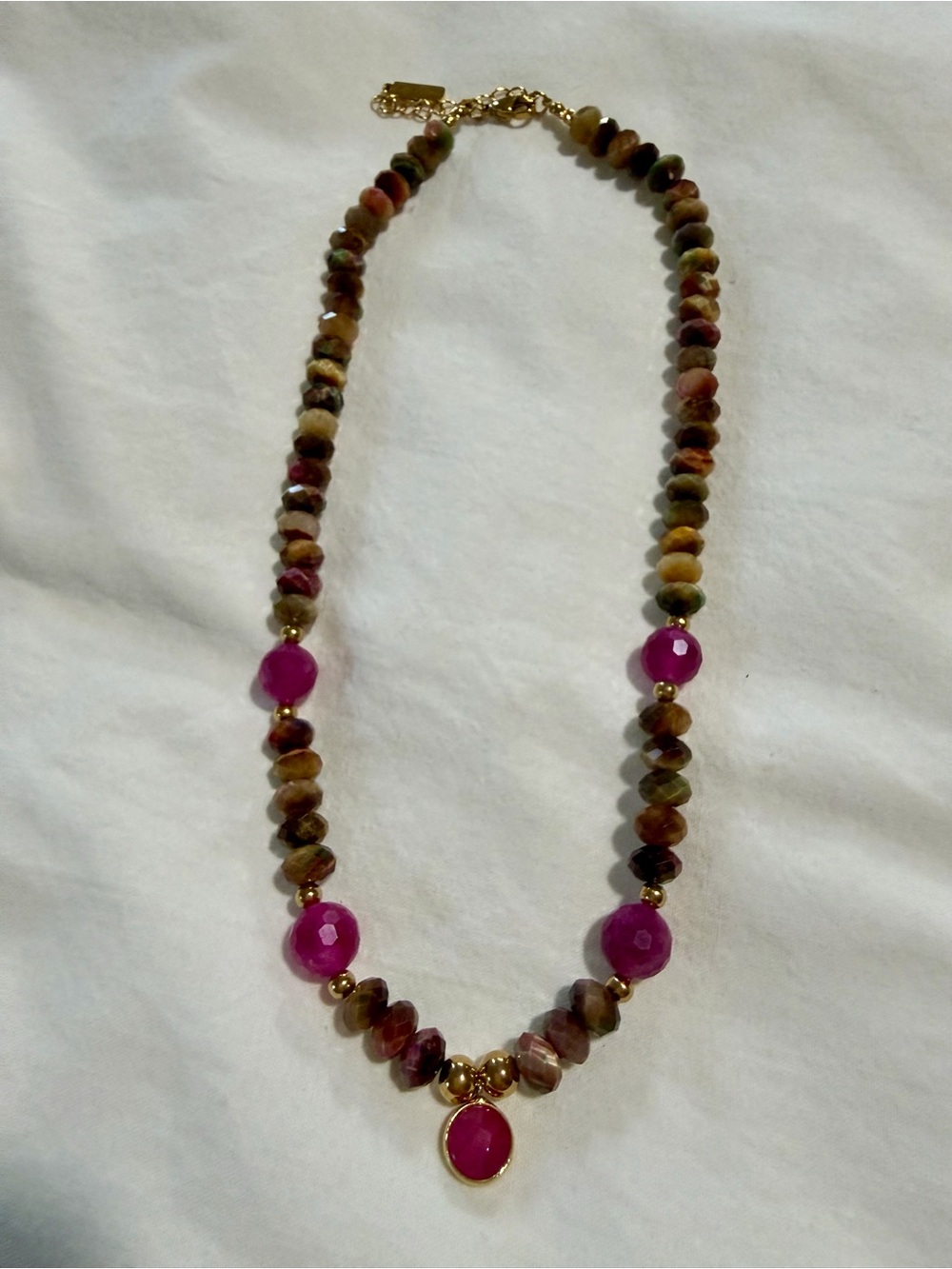 Gold-Accented Multicolor Bead Necklace with Pink Gem Drops